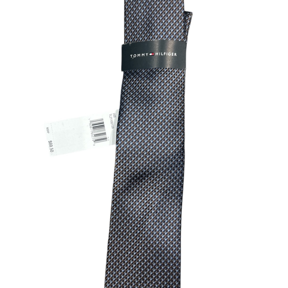Tommy Hilfiger Mens Blue Brown Micro-Check Geometric Silk Blend Tie TL21100159